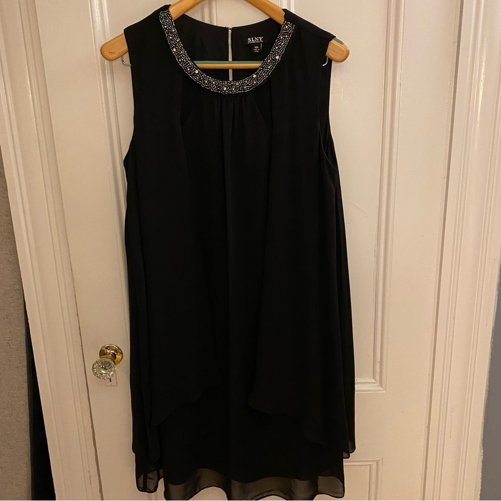 SLNY Black Beaded Neck Sleeveless Dress